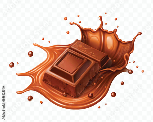 abstract 3d chocolate bar into liquid chocolate splash with bubbles in curve style isolated on transparent background