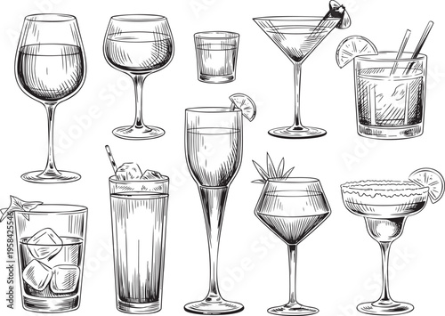 An assortment of various alcoholic beverages served in different types of glasses with garnishes
