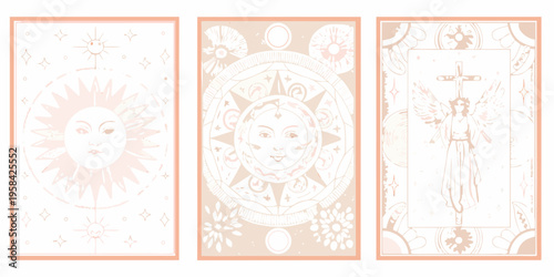 Three vintage tarot cards featuring celestial and angelic imagery