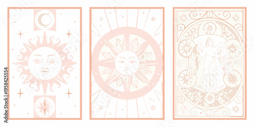 A triptych of pastel tarot cards featuring celestial and sun imagery