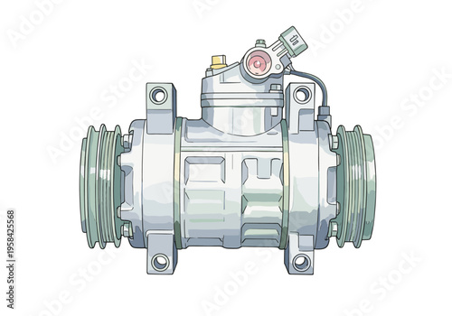 Detailed illustration of a car air conditioning compressor with pulley system