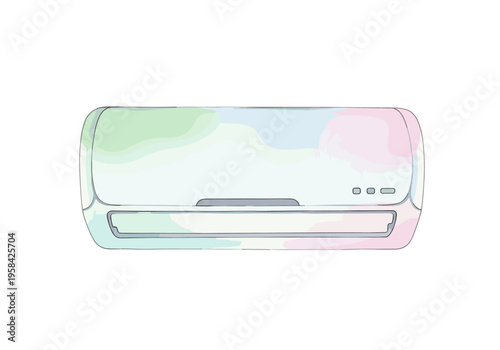 Modern air conditioner unit with subtle pastel watercolor accents on white background