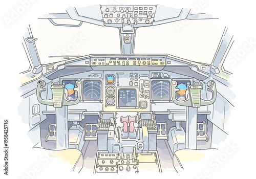 Modern airplane cockpit interior with flight instruments and control yoke