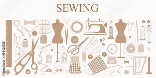 A collection of sewing tools and accessories in a brown tone