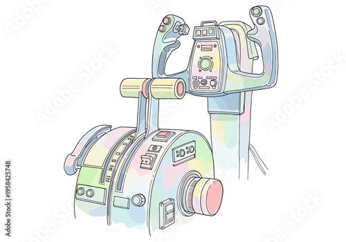 Airplane throttle and control yoke illustration with pastel watercolor accents