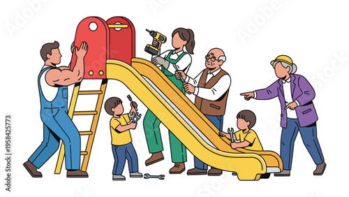Building Joy Together: A multigenerational group unites, collaboratively assembling a playground slide, fostering shared moments of connection, effort and creating a cheerful, playful environment.