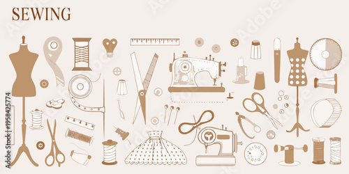 A collection of sewing tools and equipment in a vintage style