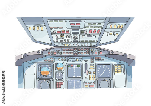 Detailed illustration of a modern aircraft cockpit with numerous instruments and controls