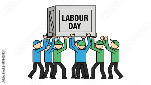 Labour Day Celebration: A diverse group of people lift a box labeled LABOUR DAY together, celebrating the contributions and achievements of workers and the importance of labour.