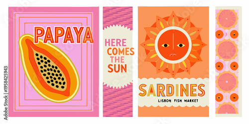 Four vibrant retro style illustrated panels featuring fruits and fish