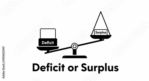 Economic concept of deficit and surplus on a balance scale, black and white icon.