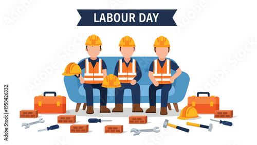 Celebrating Labor Day: A tribute to dedicated workers, the image features a group of construction workers, tools, and construction materials, honoring their hard work and contributions.