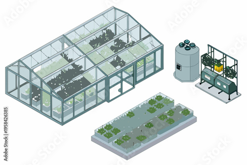Isometric illustration of a modern greenhouse with hydroponic growing systems