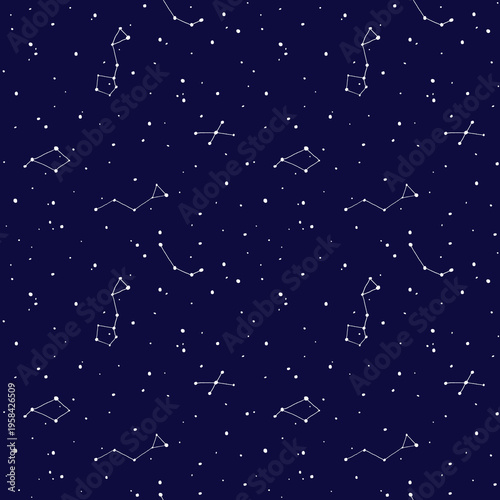 Doodle night sky pattern. Seamless repeating background. Hand drawn stars and astrology constellations. Vector fashion texture.