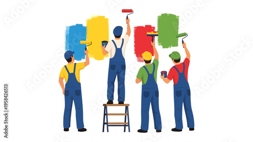Colorful Strokes of Progress: A group of skilled painters collaborates to bring vibrant hues to life, transforming a canvas with brushes and rollers, demonstrating teamwork and artistry.
