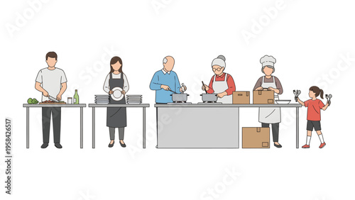 Culinary Collaboration: A diverse group of individuals come together in a kitchen setting to cook, representing community, culinary skill, and shared enjoyment of food preparation.