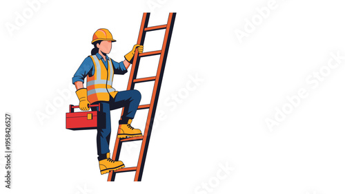 Ascending Ladder: A determined construction worker clad in safety gear ascends a wooden ladder, carrying a toolbox, embodying professional progress and the pursuit of goals.