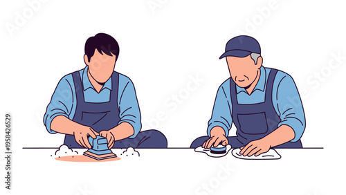 Craftsmen at Work: Capturing two craftsmen using electric sander and polishing. with precision and expertise, as they bring their vision to life