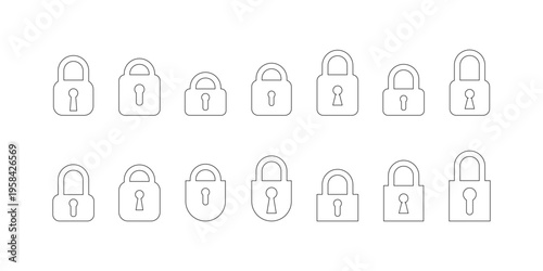 Padlock icon set. Simple line art design element set. Closed lock. Locked padlock security symbol collection for app, UI or website.
