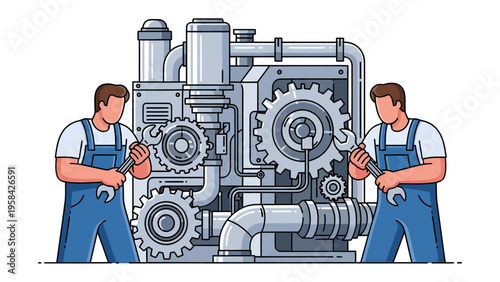 Industry Maintenance Crew: Dedicated professionals meticulously examine the intricate machinery. the image captures the essence of expertise and teamwork.