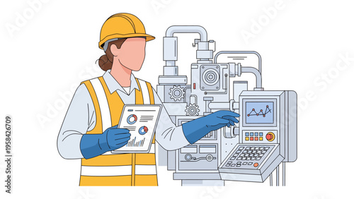 Female Engineer in Production: An engineer in a hard hat, meticulously examines the machinery within an industrial plant, overseeing production with keen focus and technical precision. 