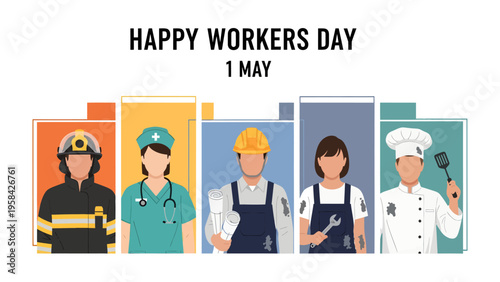 Celebrating Labor's Champions: A diverse group of essential workers stand united, symbolizing the spirit of Labor Day. This illustration captures the dedication of these professionals.