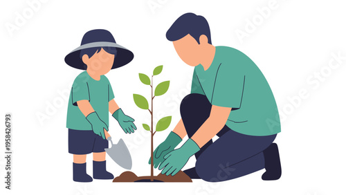Nurturing the Future: A tender moment unfolds as a father and son join hands, planting a young tree together, symbolizing growth, care, and the shared vision of a flourishing future.