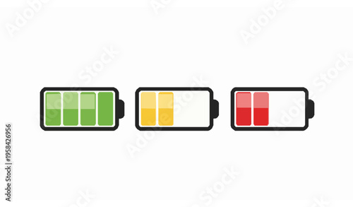 Battery charge level indicators full medium low flat vector icon set isolated on white background