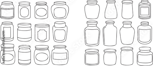 A comprehensive assembly of multiple simple black outline drawings depicting various shapes and sizes of empty glass jars