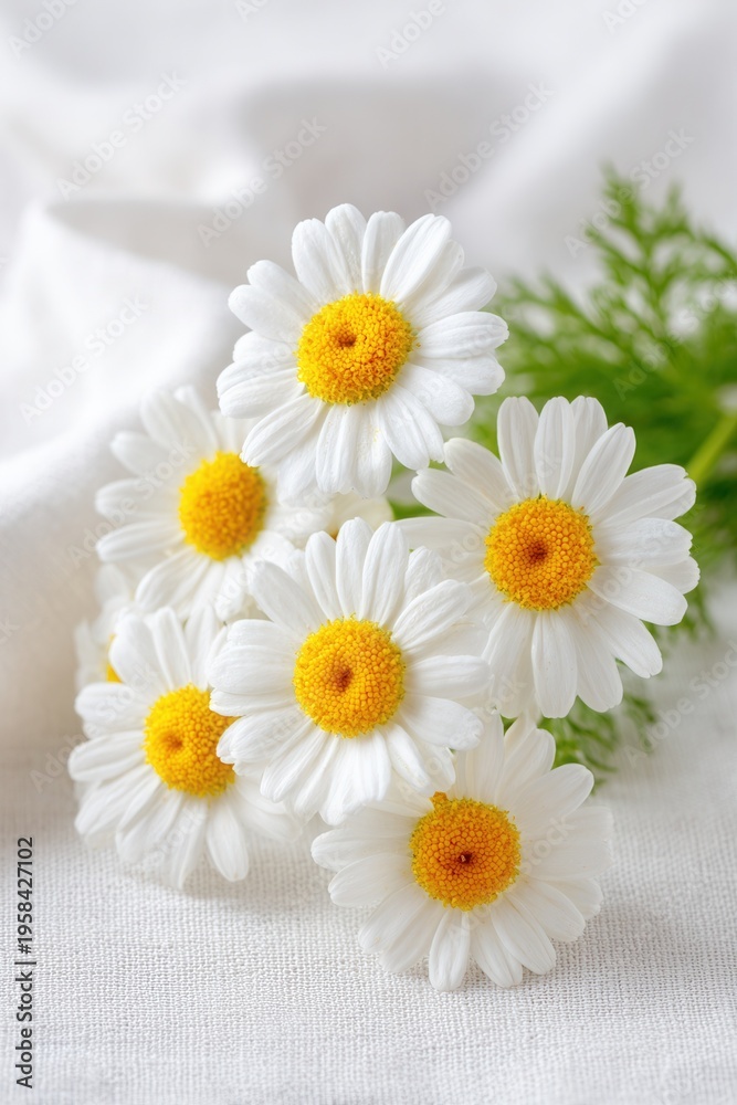 Obraz premium Chamomile daisy flowers bouquet with yellow center on soft white background with natural light