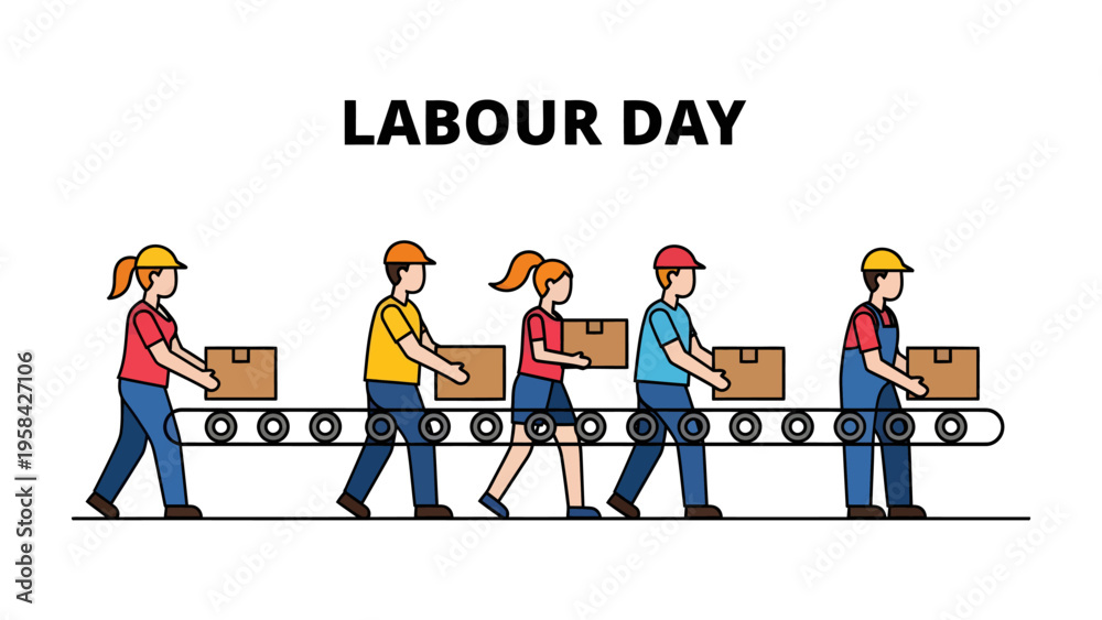 Fototapeta premium Labor Day Celebration: A group of construction workers, united in solidarity, hold up a banner proudly proclaiming Labor Day, honoring the hard work and dedication of the workforce.