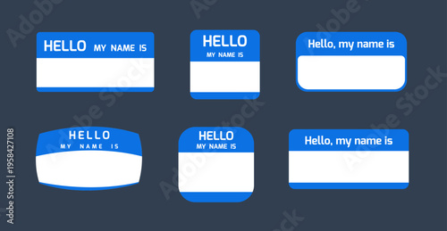 Hello my name is - introduction sticker template set or name badge design for events. Blue name sticker collection vector.
