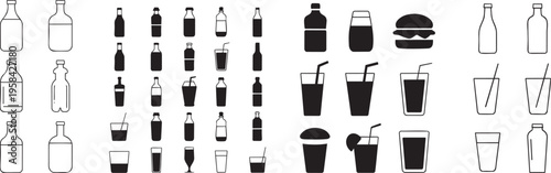 A comprehensive collection of bottles glasses and drinks in both outline and solid silhouette forms