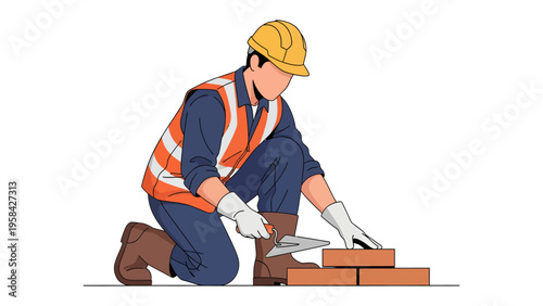 Crafting Walls: A skilled construction worker, equipped with protective gear, meticulously lays bricks. It's a snapshot of the intricate process of building.