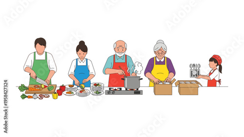 Cooking Together: A multigenerational family gathers in a kitchen, engaged in the joyful act of preparing a delicious meal together.