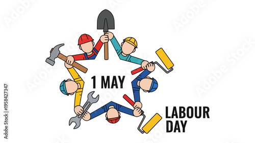 Labour Day Celebration: A graphic representation of several workers holding different tools in a star shape. Illustrating the spirit of Labour Day and honoring workers.