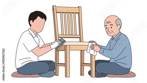 The Art of Refurbishing: A heartwarming scene shows a younger person and an elderly man working in tandem to rejuvenate a wooden chair.