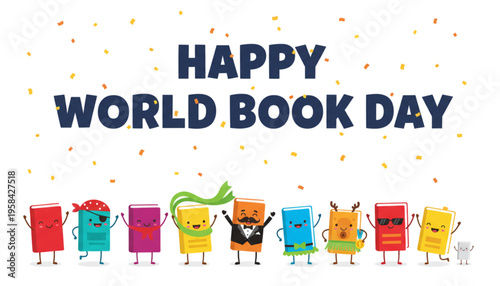 Happy World Book Day Celebration with Cheerful Cartoon Books and Confetti for Children's Reading Fun