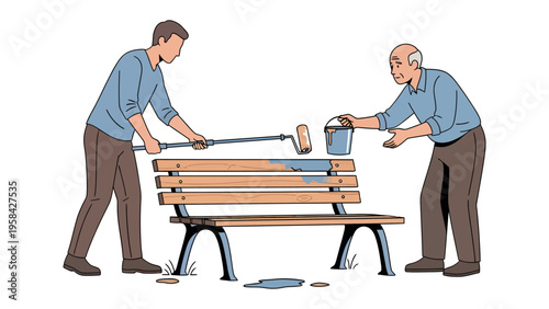 Revitalizing the park bench: a young man use paint roller apply fresh blue coat, while a older man hold a pail of paint revitalizing a weathered park bench