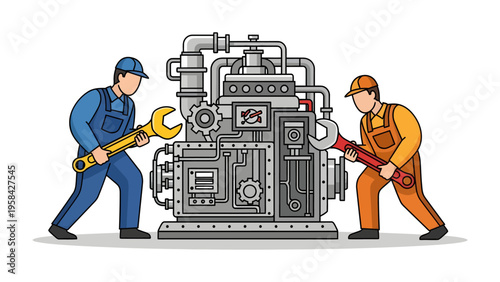 Mechanics Repairing Machinery: Two skilled mechanics in uniform use large wrenches to service and repair a complex industrial machine, symbolizing teamwork and technical expertise.