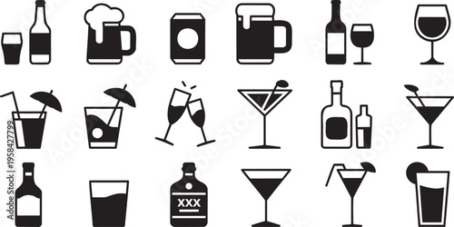 A diverse collection of black beverage and alcohol related icons on a crisp white background