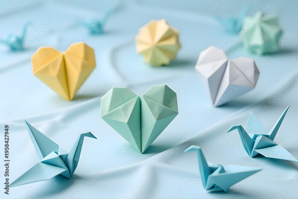 Obraz premium Origami Hearts and Cranes on Light Blue Fabric
