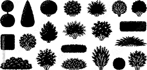 Collection of black shrub silhouettes arranged on a white background – Black Vector Illustration
