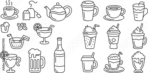 A diverse collection of outlined icons showing various hot drinks, cocktails, and beverage containers