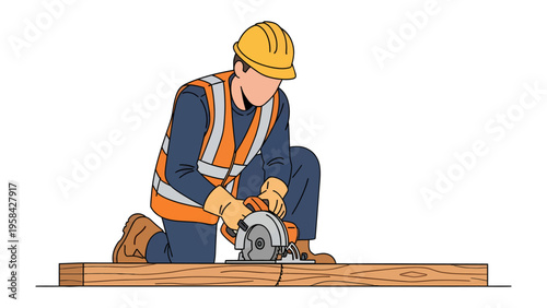 Saw Operator at Work: A construction worker, safely attired in protective gear, precisely cuts through a piece of wood with a circular saw, demonstrating skill and focus.
