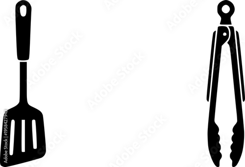 Cooking tools icon set featuring simple black silhouettes of a spatula and kitchen tongs – Black and White Vector Illustration