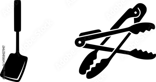 Cooking tools icon set featuring simple black silhouettes of a spatula and kitchen tongs – Black and White Vector Illustration