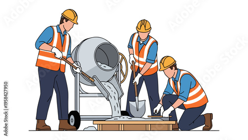 Concrete Team: A group of construction workers in action, demonstrating the process of mixing and pouring concrete on a project site.