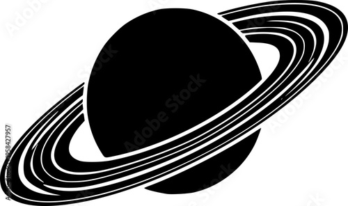 Saturn planet icon featuring a simple black silhouette with prominent rings for astronomy and space design – Black and White Vector Illustration