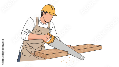 Craftsman at Work: A skilled craftsman expertly saws through a wooden plank, showcasing the precision and artistry of woodworking.